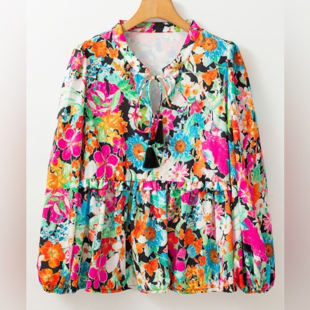 Women’s Vibrant Floral Print Blouse – Tassel Tie-Neck, Bubble Sleeves